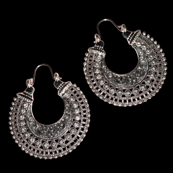 Boutique Jewelry - Silver Intricate Filigree Lace Earrings India Huggie Hoops Bohemian Aesthetic